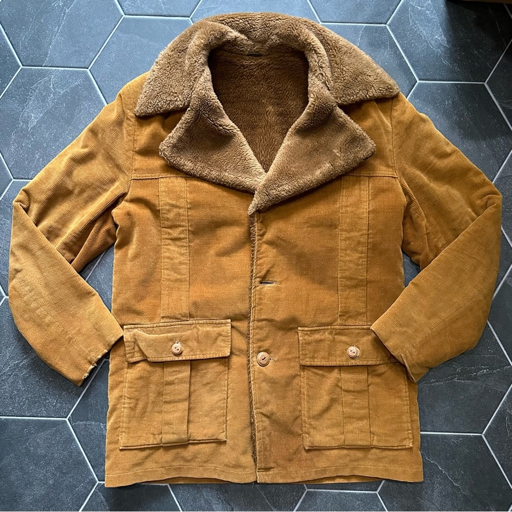VTG 70s Retro Brown Corduroy Sherpa Shaggy Faux Fur Lined Blazer Jacket